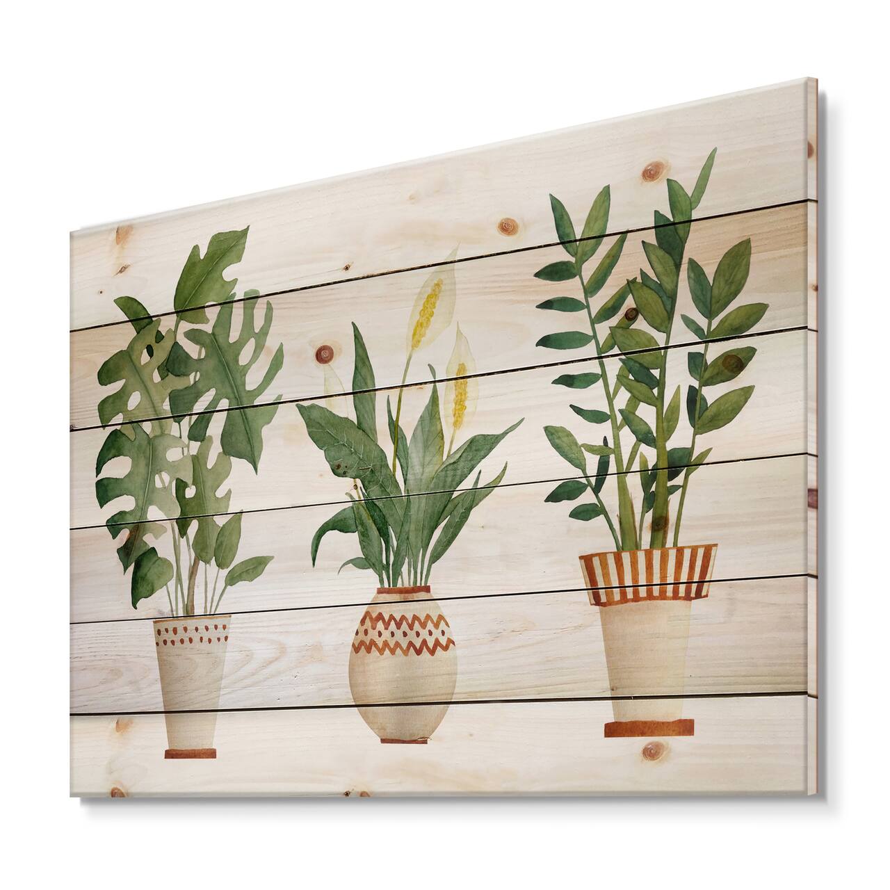 Designart - Houseplant Monstera & Peace Lily In Terra Cotta - Farmhouse Print on Natural Pine Wood